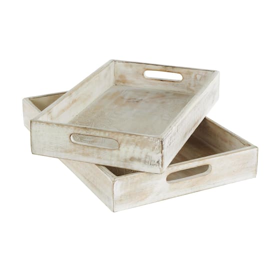 Whitewashed Carved Mandala Mango Wood Tray Set